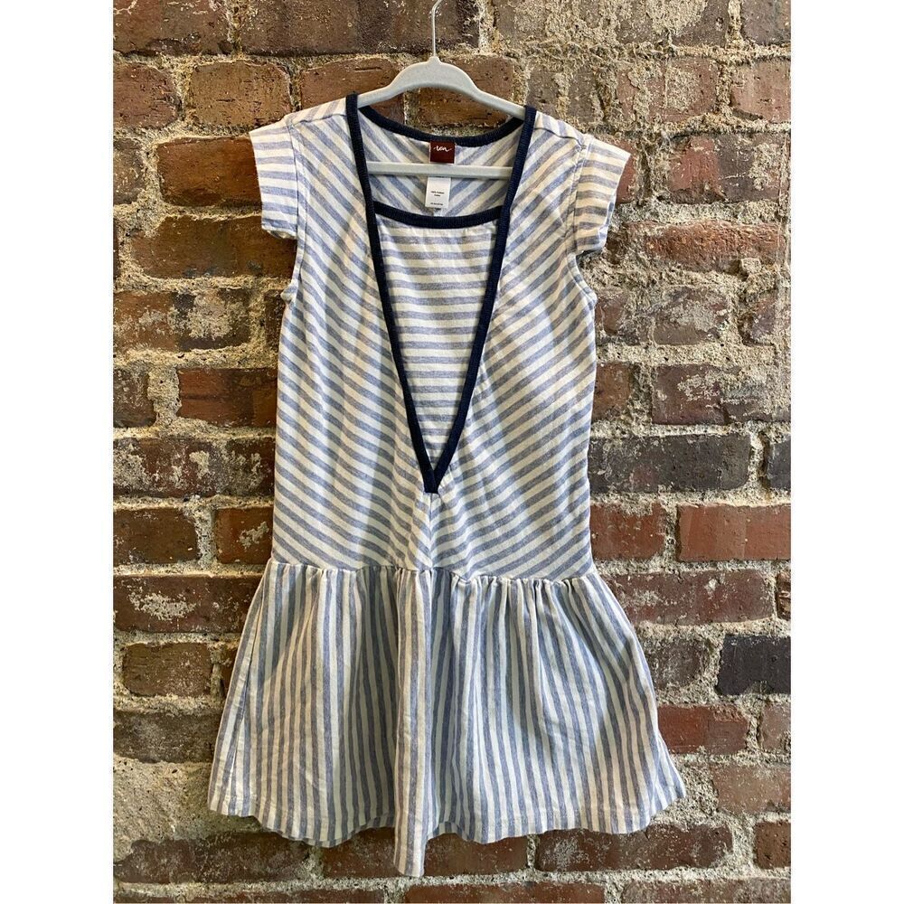 Tea Collection Girl’s Blue/White Stripe Drop Waistline Midi Cotton Dress Little